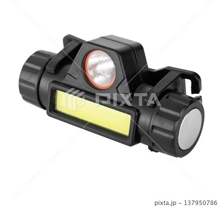 LED flashlight, headlamp, on white background in insulation LED flashlight, headlamp, on white background in insulation 137950786