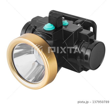 LED flashlight, headlamp, on white background in insulation 137950789