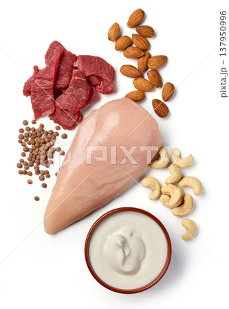 High Protein Food Assortment with Chicken, Beef and Yogurt Isolated on White 137950996