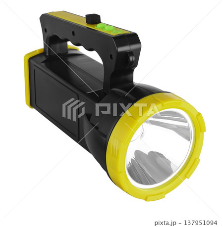 Battery-powered LED flashlight with handle, white background in insulation Battery-powered LED flashlight with handle, white background in insulation 137951094