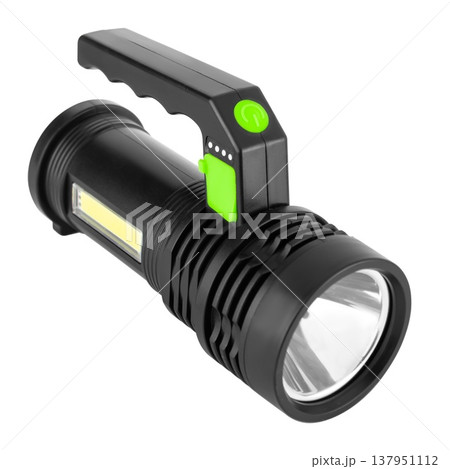 Hand-held LED flashlight, white background in insulation Hand-held LED flashlight, white background in insulation 137951112