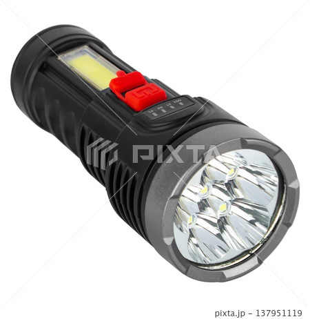 Hand-held LED flashlight, white background in insulation Hand-held LED flashlight, white background in insulation 137951119