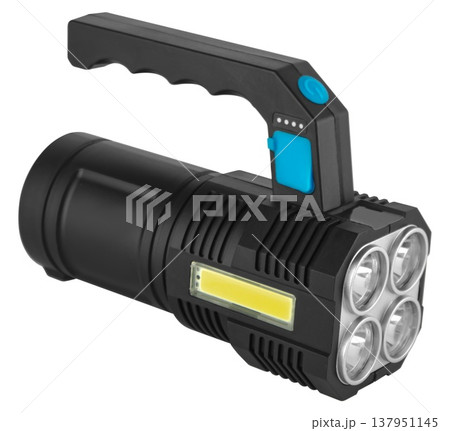 battery-powered flashlight with a handle, on a white background battery-powered flashlight with a handle, on a white background 137951145