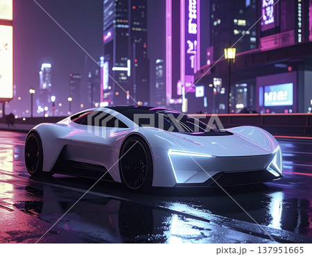 ネオン輝く未来都市を走るホワイトスーパーカー|サイバーパンク風ナイトシーン ネオン輝く未来都市を走るホワイトスーパーカー|サイバーパンク風ナイトシーン 137951665