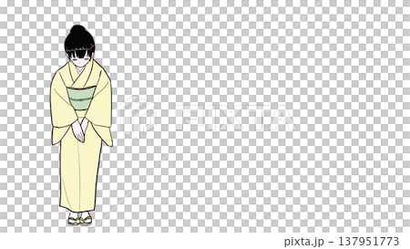 Illustration of a woman in a kimono bowing (expressing gratitude, apology, or politeness) 137951773
