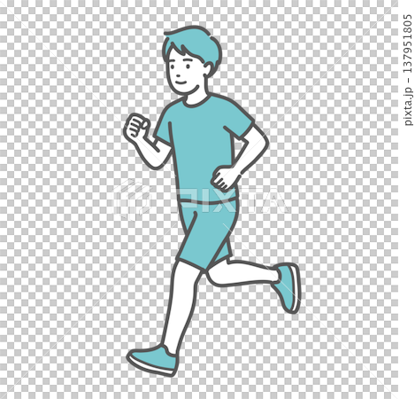 一幅描繪面帶微笑的男子跑步(慢跑)的插圖。 一幅描繪面帶微笑的男子跑步(慢跑)的插圖。 137951805