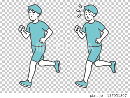ランニング（ジョギング）をする男性の比較イラスト（笑顔と汗だく・快適と疲労） 137951807