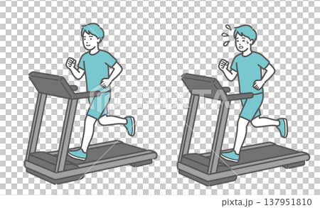 兩名男子在跑步機上跑步的比較圖(微笑 vs. 汗流浹背;舒適 vs. 吃力)。 兩名男子在跑步機上跑步的比較圖(微笑 vs. 汗流浹背;舒適 vs. 吃力)。 137951810