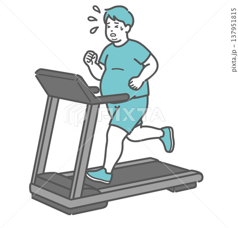 トレッドミルで汗をかいて必死に走るぽっちゃり男性のイラスト(ダイエット・疲労) トレッドミルで汗をかいて必死に走るぽっちゃり男性のイラスト(ダイエット・疲労) 137951815