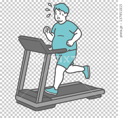 トレッドミルで汗をかいて必死に走るぽっちゃり男性のイラスト(ダイエット・疲労) トレッドミルで汗をかいて必死に走るぽっちゃり男性のイラスト(ダイエット・疲労) 137951815