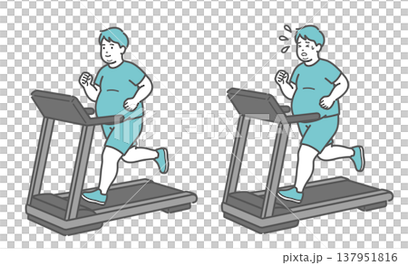 胖男人在跑步機上跑步的對比插圖(微笑 vs. 大汗淋漓;舒適 vs. 吃力)。 胖男人在跑步機上跑步的對比插圖(微笑 vs. 大汗淋漓;舒適 vs. 吃力)。 137951816