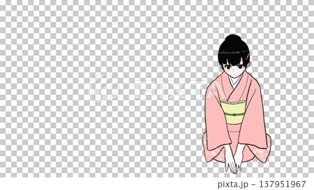 一位穿著和服的女子跪地鞠躬（表示感激或歉意）的插圖。 137951967