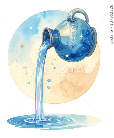 クラシカルな水瓶と流れる水の水瓶座モチーフ水彩イラスト｜十二星座・星占いモチーフ4 137952326