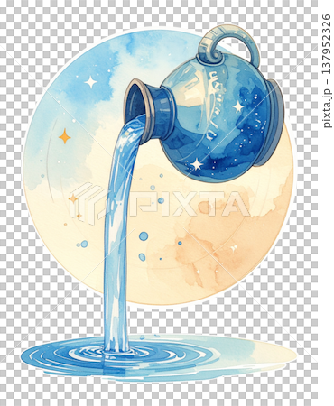 クラシカルな水瓶と流れる水の水瓶座モチーフ水彩イラスト｜十二星座・星占いモチーフ4 137952326
