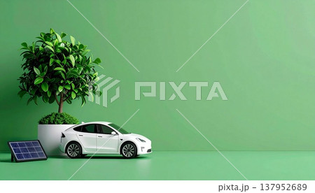 再生可能エネルギーと持続可能な社会のイメージ。ミニチュアカーと太陽光パネル、植物が置かれた緑の背景。 再生可能エネルギーと持続可能な社会のイメージ。ミニチュアカーと太陽光パネル、植物が置かれた緑の背景。 137952689
