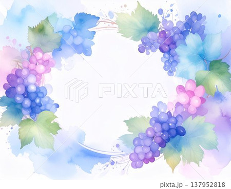ブドウの実と葉で囲んだフレーム・水彩画（AI生成画像） 137952818