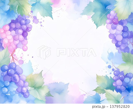 ブドウの実と葉で囲んだフレーム・水彩画（AI生成画像） 137952820