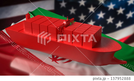 Red Cargo Container Ship Over Iran And United States Flags Trade Concept 3d render. Red Cargo Container Ship Over Iran And United States Flags Trade Concept 3d render. 137952888