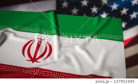Iran National Flag With Blurred United States Flag Background Geopolitical Tension Concept 3d render. Iran National Flag With Blurred United States Flag Background Geopolitical Tension Concept 3d render. 137952895
