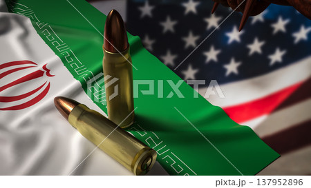 Iran Flag With Bullets and Barbed Wire Against Blurred United States Flag Political Conflict Concept 3d render. Iran Flag With Bullets and Barbed Wire Against Blurred United States Flag Political Conflict Concept 3d render. 137952896