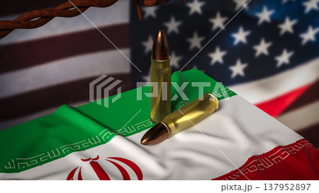 Iran Flag With Bullets and Barbed Wire Against Blurred United States Flag Political Conflict Concept 3d render. 137952897