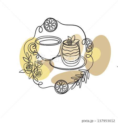 Minimalist coffee cup and dessert line art with organic boho shapes Minimalist coffee cup and dessert line art with organic boho shapes 137953012