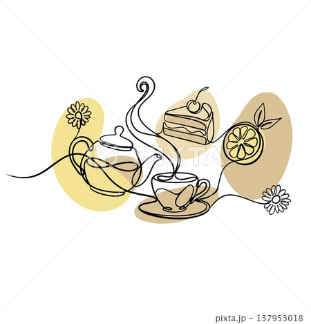 Minimalist continuous one line illustration of a teapot pouring tea into a cup with lemon, cake and chamomile flowers.  137953018