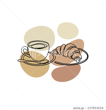 Coffee Cup and Croissant Continuous Line Art with Abstract Boho Shapes Coffee Cup and Croissant Continuous Line Art with Abstract Boho Shapes 137953019