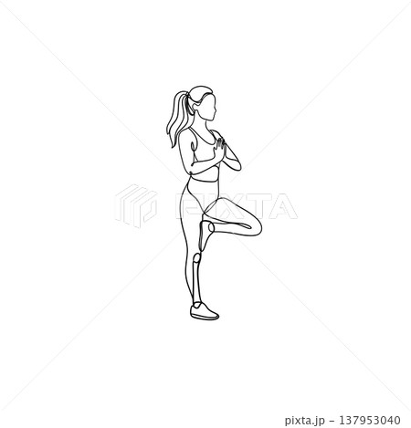Minimalist one line drawing of a woman in yoga tree pose. Continuous line art of a girl practicing vinyasa yoga, wellness and healthy lifestyle concept. 137953040