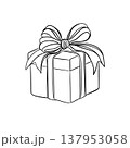 Minimalist black and white gift box outline. Hand-drawn line art illustration for coloring, holiday celebrations, and branding icons. 137953058