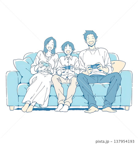 家族団欒でソファーに座ってゲームをする親子 家族団欒でソファーに座ってゲームをする親子 137954193