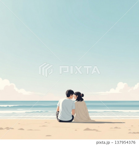 青空の下の砂浜に座ってキスをする男女の若いカップル 137954376