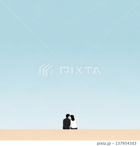 青空の下の砂浜に座ってキスをする男女の若いカップル 137954383