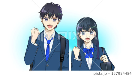 笑顔でリュックとスクールバッグを持つ高校生または中学生の男女のアニメ風イラスト、青空のような背景 笑顔でリュックとスクールバッグを持つ高校生または中学生の男女のアニメ風イラスト、青空のような背景 137954484