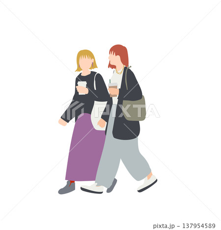 コーヒーを持って歩く女子大学生 二人のカフェ帰りシーンの人物イラスト 137954589