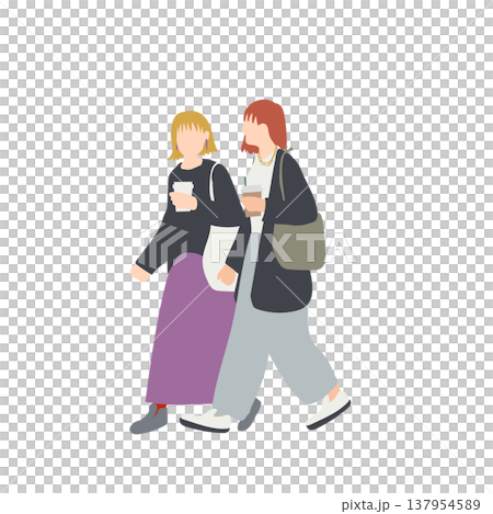コーヒーを持って歩く女子大学生 二人のカフェ帰りシーンの人物イラスト 137954589