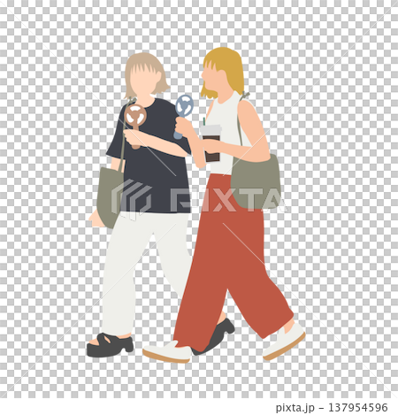 夏の大学生 女性2人 放課後に歩く友達シーン（ハンディファン・ドリンク） 137954596