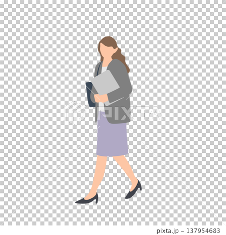 插圖描繪了一位女性辦公室職員在辦公環境中手持筆記型電腦的場景。 137954683