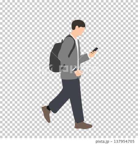 一名男性上班族邊走邊看智慧型手機;描繪通勤場景的人物插畫。 一名男性上班族邊走邊看智慧型手機;描繪通勤場景的人物插畫。 137954705