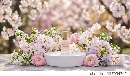 桜と春の花に囲まれた商品ディスプレイ用台座 桜と春の花に囲まれた商品ディスプレイ用台座 137954745