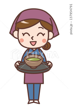 抹茶をのせたお盆を持つ笑顔の女性店員 抹茶をのせたお盆を持つ笑顔の女性店員 137954791