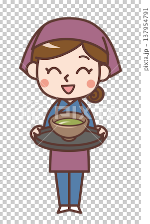 抹茶をのせたお盆を持つ笑顔の女性店員 抹茶をのせたお盆を持つ笑顔の女性店員 137954791