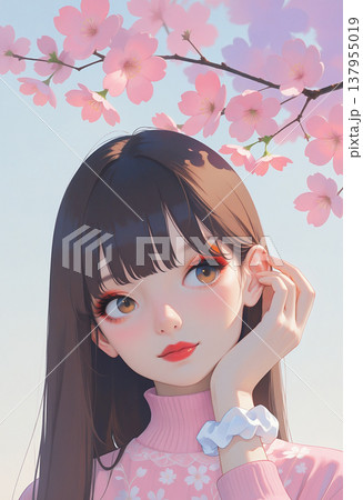 澄んだ瞳で夢見る、桜とコーラルメイクの少女 澄んだ瞳で夢見る、桜とコーラルメイクの少女 137955019