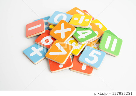 Number wood block cubes for learning Mathematic, education math concept. 137955251