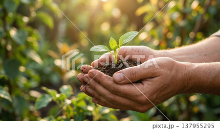 植樹 植物を植える男性の手（エコロジーコンセプト） Generative AI 137955295