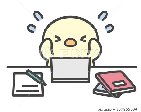 勉強や仕事で頭を抱えて焦るひよこの手書きイラスト わからない問題に困る・パソコン作業中 勉強や仕事で頭を抱えて焦るひよこの手書きイラスト わからない問題に困る・パソコン作業中 137955334