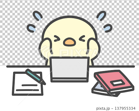 勉強や仕事で頭を抱えて焦るひよこの手書きイラスト わからない問題に困る・パソコン作業中 勉強や仕事で頭を抱えて焦るひよこの手書きイラスト わからない問題に困る・パソコン作業中 137955334