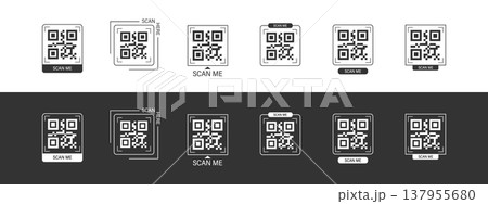 Scan me Frame. Black Scanner set in app box. Mobile buy now with barcode and QR code. Scan by phone camera. Simple Vector illustration Scan me Frame. Black Scanner set in app box. Mobile buy now with barcode and QR code. Scan by phone camera. Simple Vector illustration 137955680
