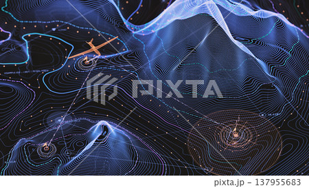 Geospatial flight monitoring interface, vibrant contour lines, aircraft icons, and data paths Geospatial flight monitoring interface, vibrant contour lines, aircraft icons, and data paths 137955683