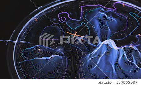 Flight navigation visualization, aircraft over glowing terrain mesh and trajectory paths Flight navigation visualization, aircraft over glowing terrain mesh and trajectory paths 137955687